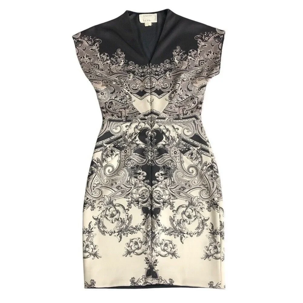 Artelier Nicole Miller Dress Womens 2 Brown Baroque‎ Front Zip Body Con Sheath